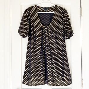 FRENCH CONNECTION mini dress size 2 silk navy blue gold polka dot shortsleeve